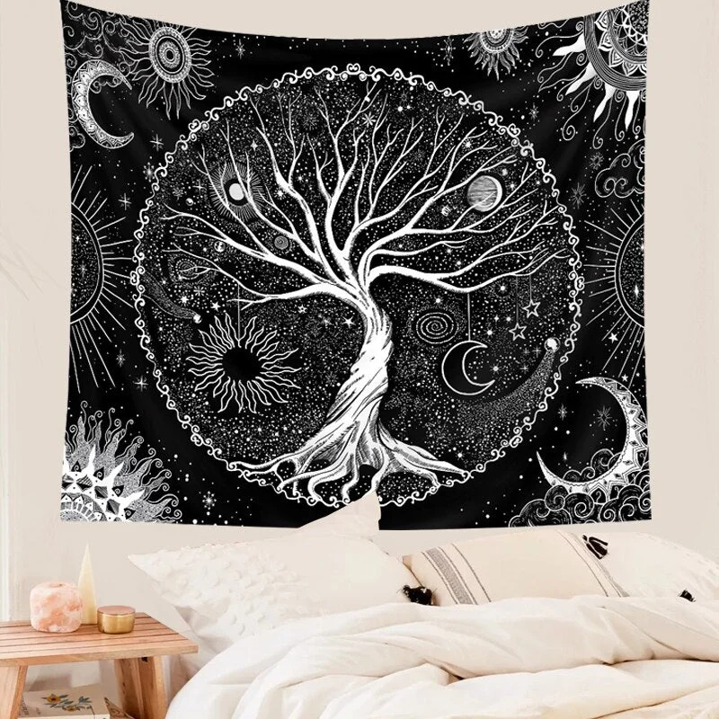 Tree of Life Tapestry Black White Starry Tapisserie Aesthetic Wall Hanging Tapestries Home Decor for Bedroom Living Room Dorm