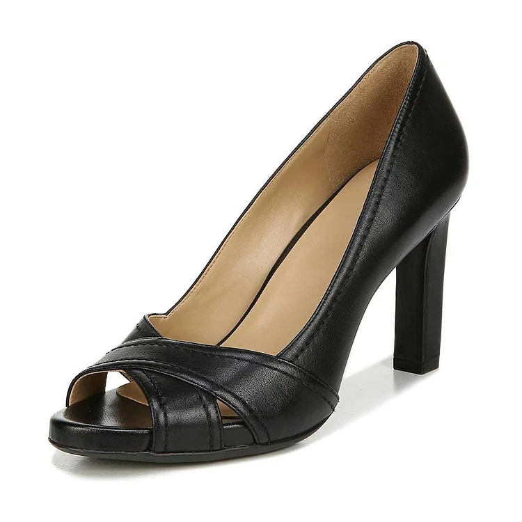 Custom Made Black Peep Toe Chunky Heel Casual Pumps |FSJ Shoes