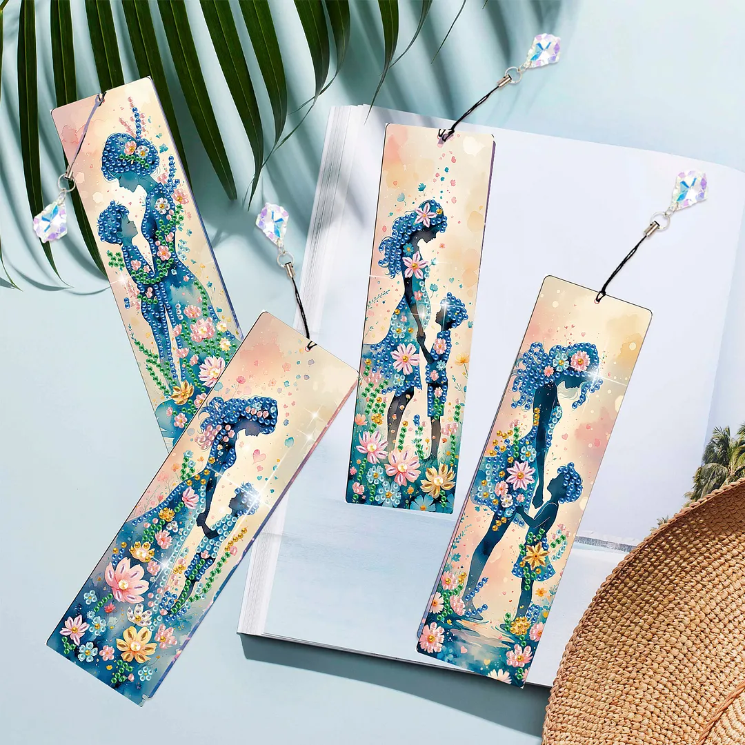 4Pcs Flowers and Parents DIY Diamond Bookmark Art Projects Irregular Shaped Diamonds Diamond Painting Art Bookmarks with Crystal Pendants for DIY Making Beginners Adult Art Craft Supplies