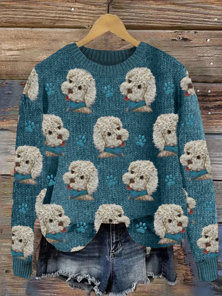 Fuzzy Dogs Plush Paw Prints Embroidered Knit Sweater