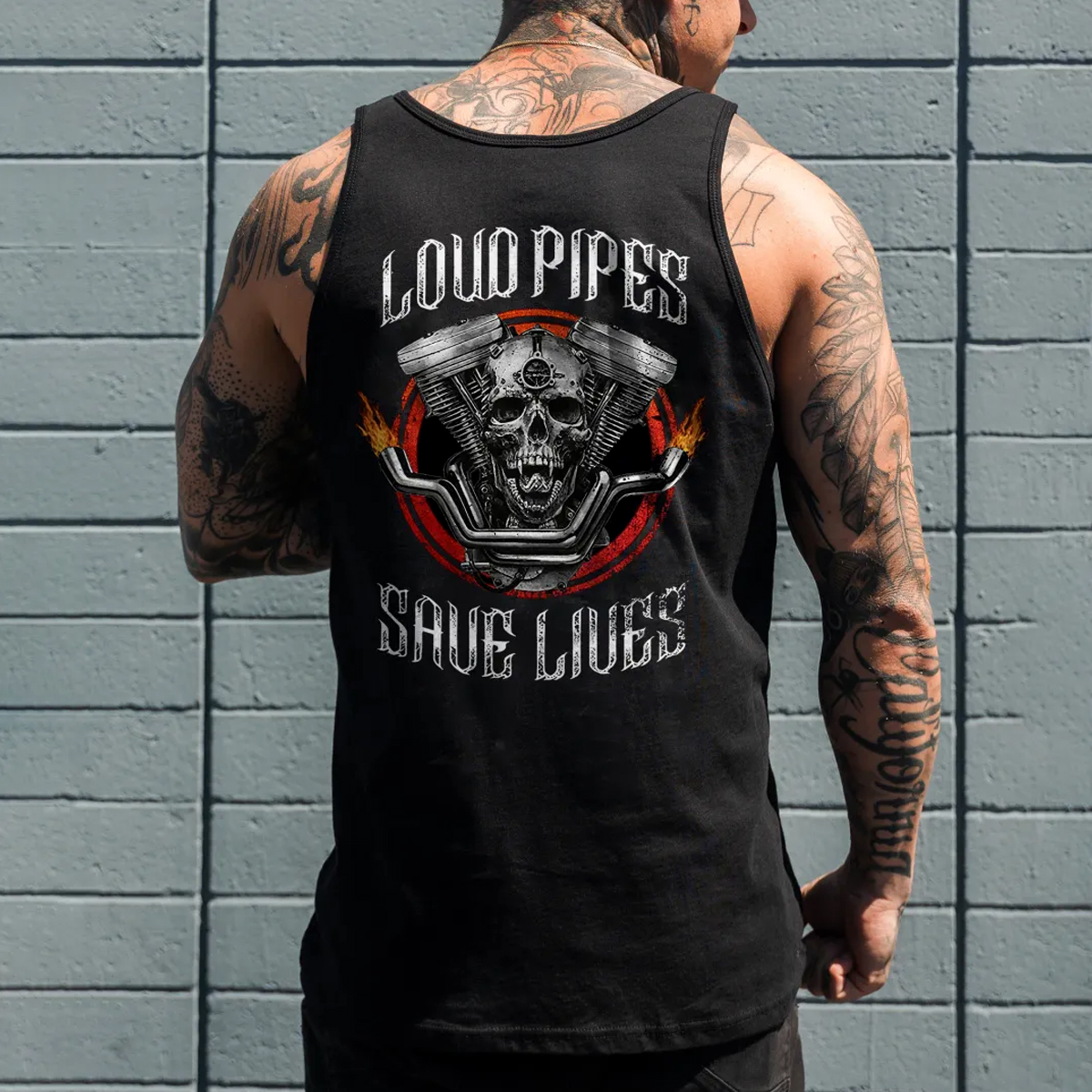 Cotton Loud Pipes Save Lives Biker Tank Top With Skull Engine Graphic