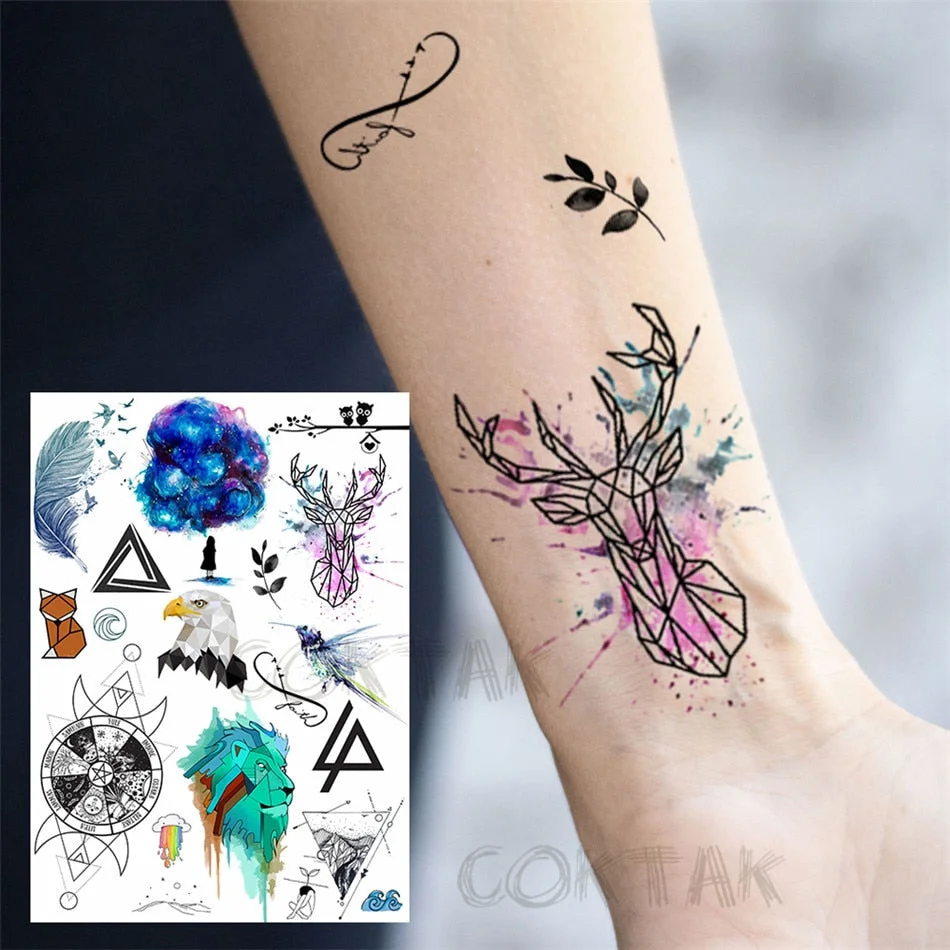 Realistic Fake Black Animal Temporary Tattoos Sticker For Men Women Geometric Wolf Outer Space Tatoo Temporary Decal For Kids