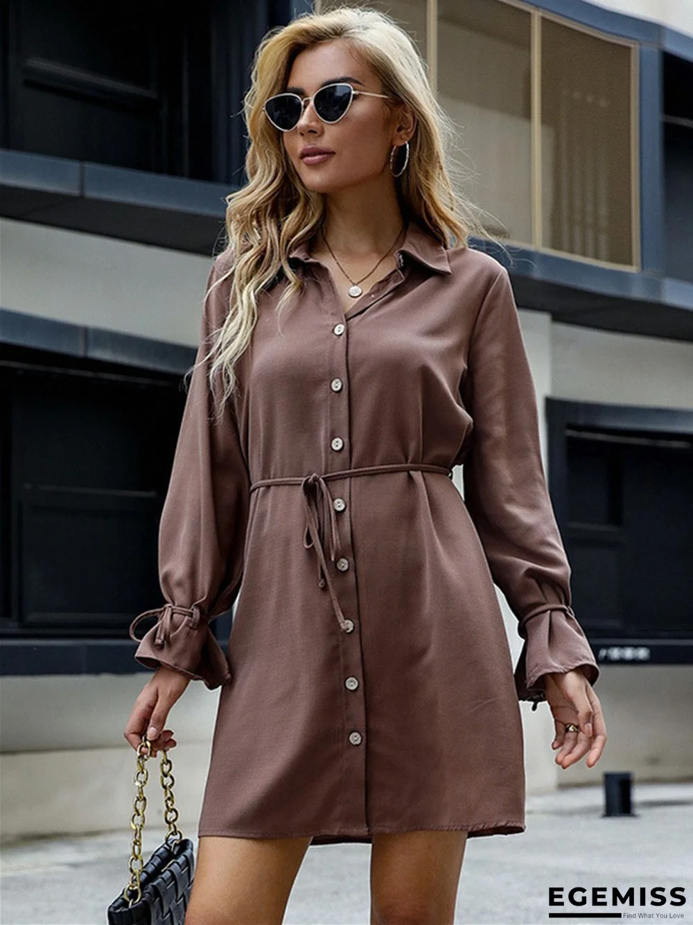 New Solid Lapel Lace Up Long Sleeved Shirt Dress | EGEMISS