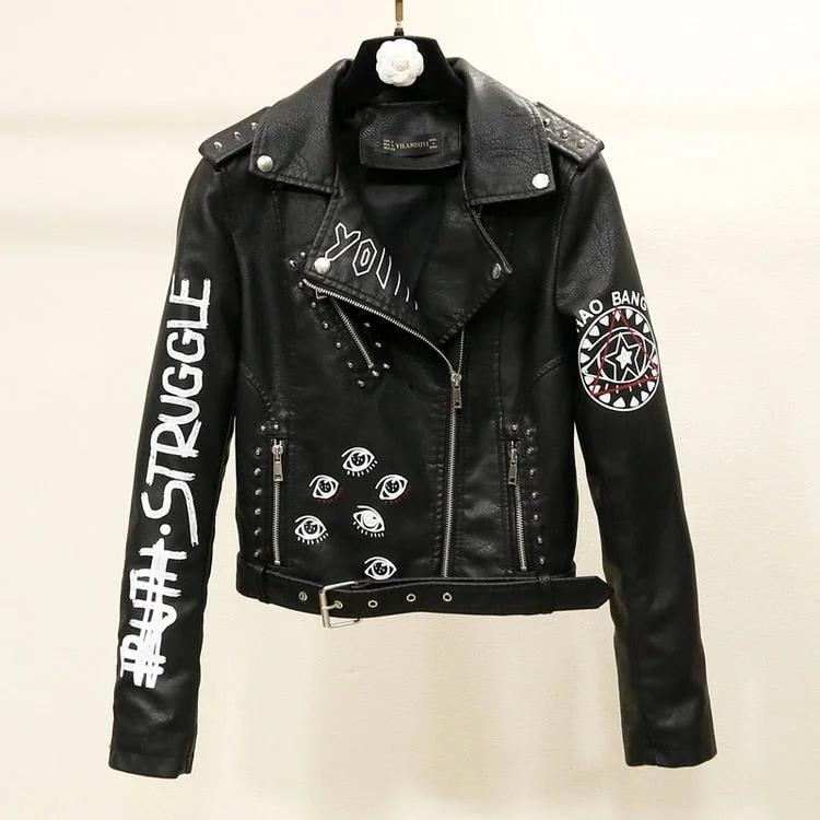 Ailegogo Autumn Women Female Rivets Letters Print Motorcycle Leather Short Women's Biker Coat Faux Leather Jacket  Punk Outwear