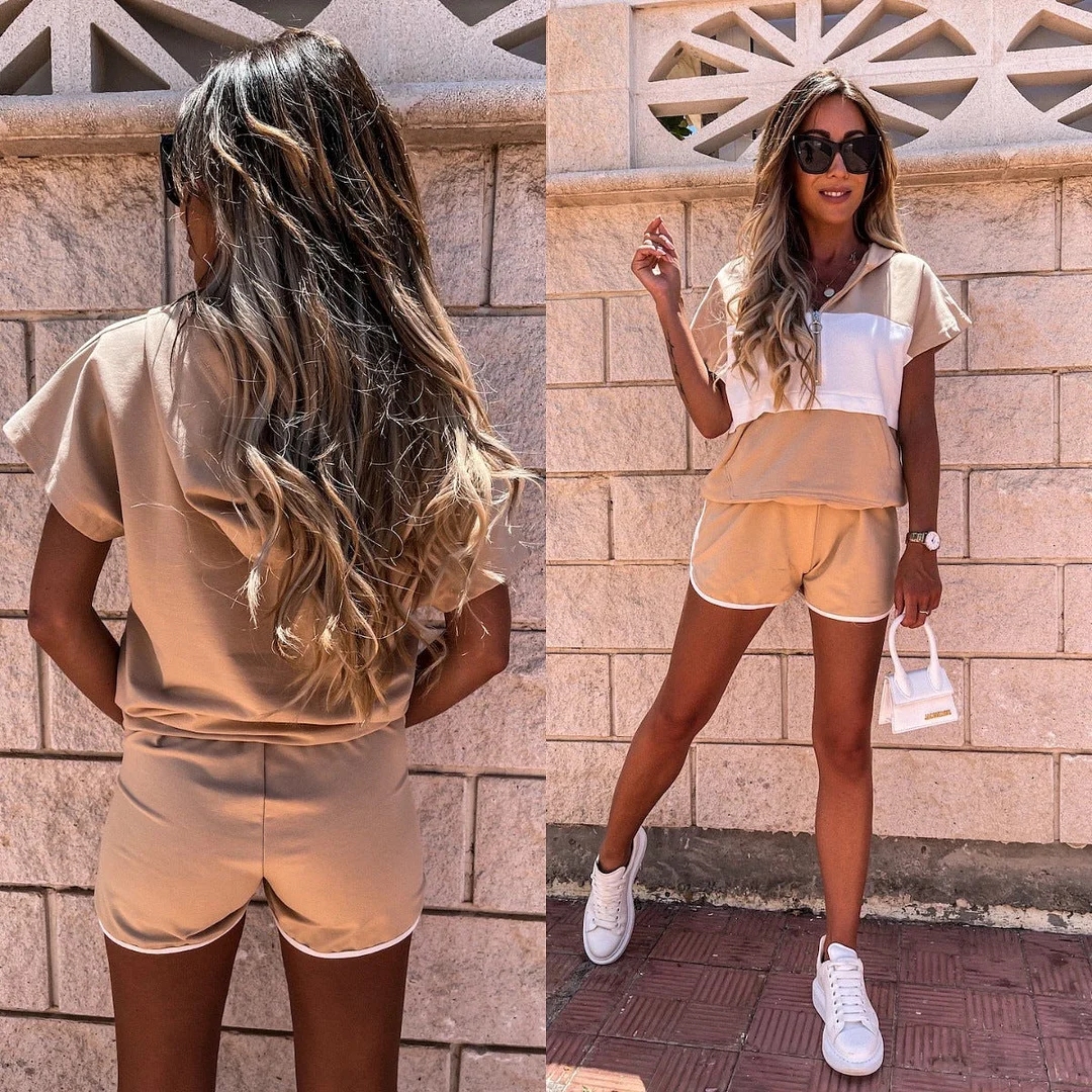 Women's Stitching Hooded Pocket Short Sports Suit Sportswear