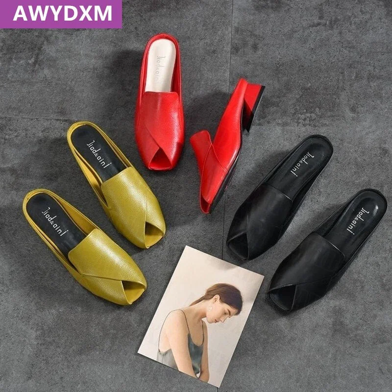 Women Slippers 2022 New Summer Fashion Peep-toe Sexy Shoes Med Heels Chunky Designer Slides PU Leather Sandals Party Flip Flops