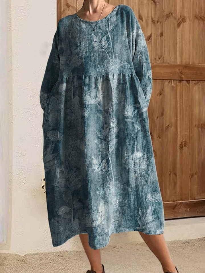 Women's Round Neck 9/3 Sleeve Pleated A-Line Cotton Dress