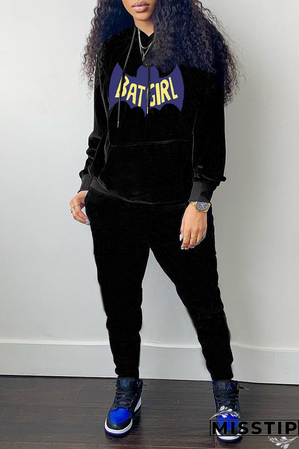 Black Casual Letter Print Patchwork Hooded Collar Long Sleeve Two Pieces