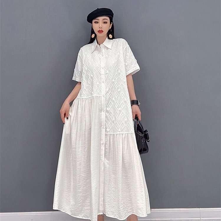 Fashion Turn-down Collar Three-dimensional Pattern Single Breasted Pleated Dress 