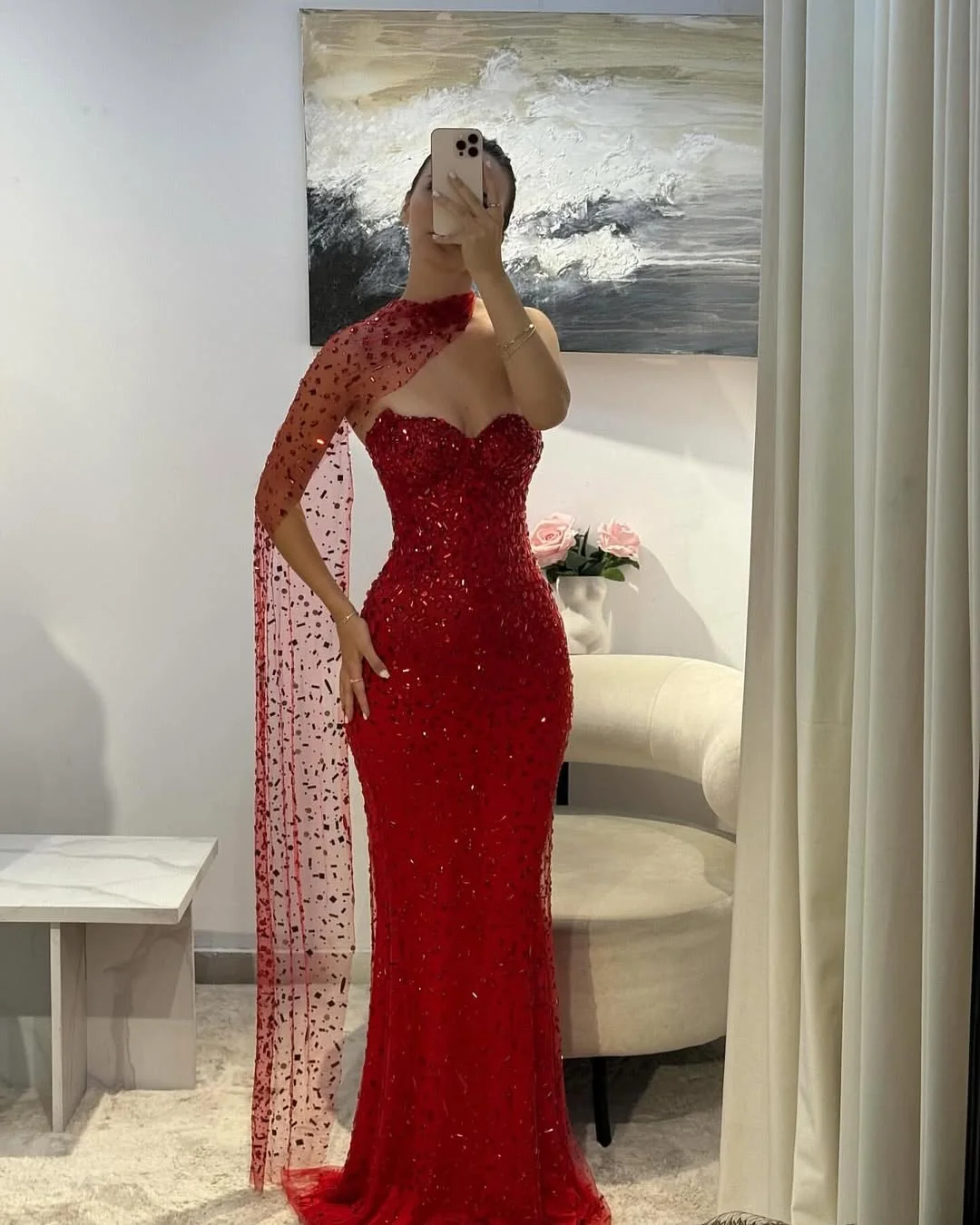 Red Glamorous Sleeveless Beaded Mermaid Straight Across Prom Dress With Scarf YK0184