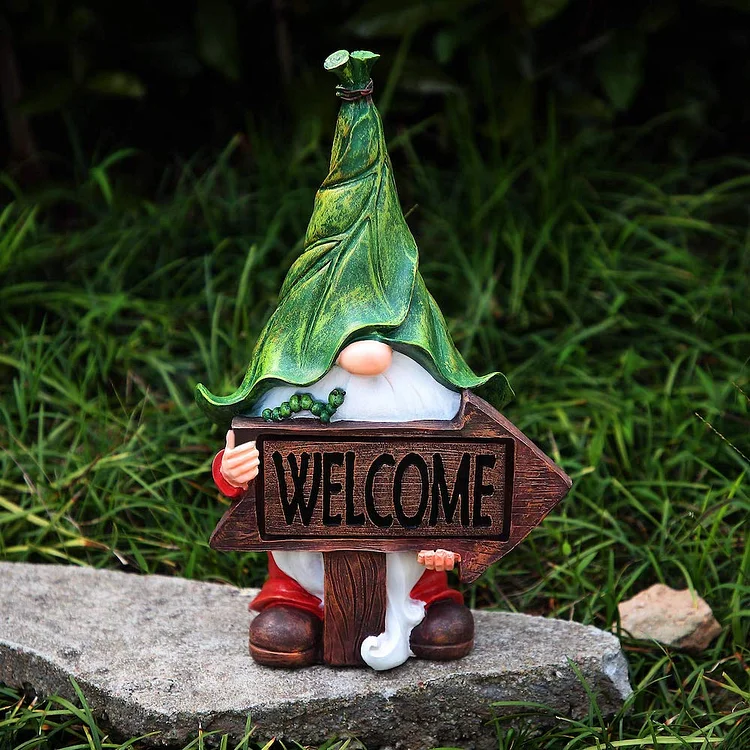 Gnome Statue Holding Welcome Sign with Solar LED Lights