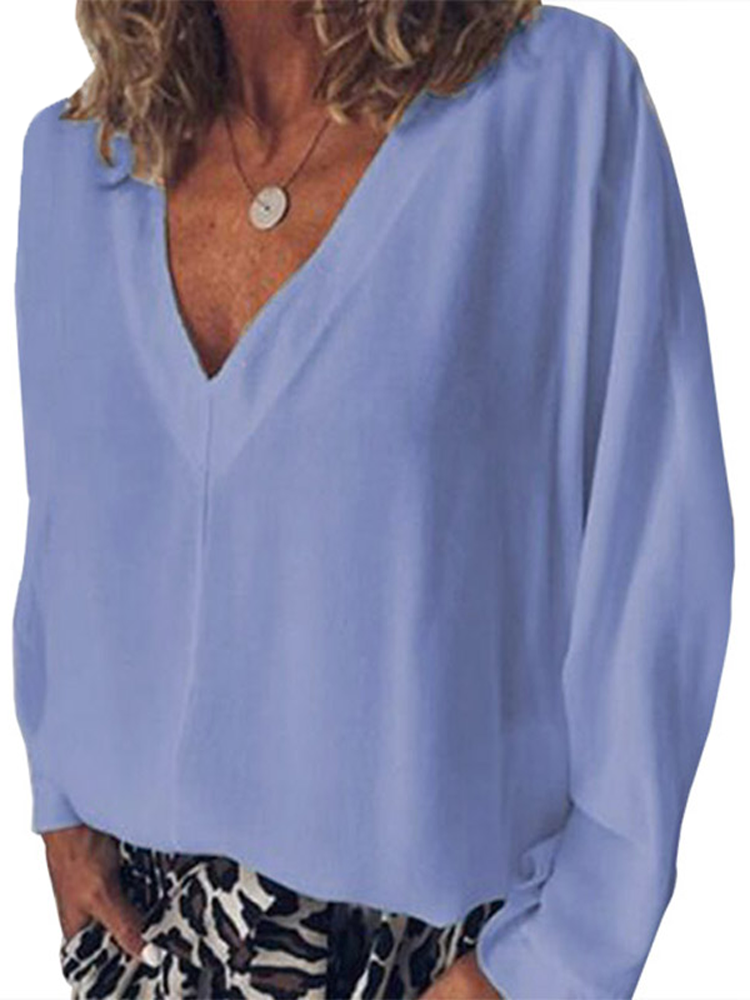 Solid Color V neck Long Sleeve Loose Shirt P1560505