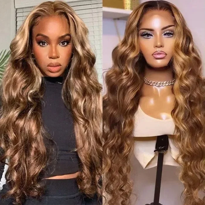 360 Lace Front Body Wave/Straight Wig Honey Blonde Piano Highlights Transparent Human Hair Wigs High Density Free Part