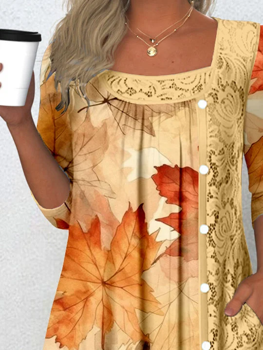 Women's Long Sleeve Scoop Neck Graphic Lace Buttons Top