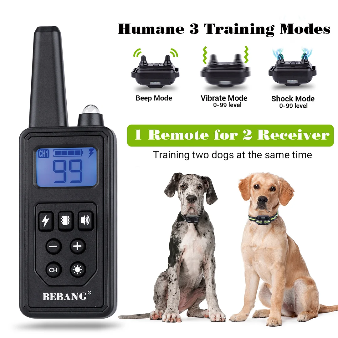 BEBANG Dog Training Collars for 2 Dogs, with Remote 880yards, 3 Modes Beep Vibration Shock, IPX7 Waterproof, LED Light, USB Charging,for Training Small Medium Large Dogs