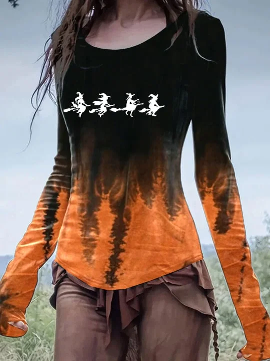 Women's Flying Witches Halloween Tie Dye Print Tops