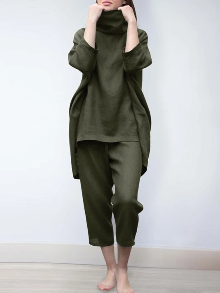 ZANZEA 2pcs Women Trouser Suits Spring Fashion Solid Urban Tracksuit Matching Sets Trutleneck 3/4 Sleeve Blouse Harem Pants Sets