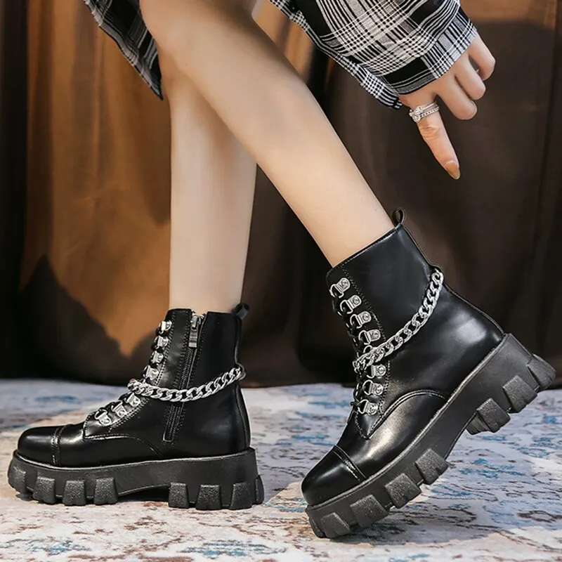 Lucyever Fashion Metal Chain Platform Women Boots 2020 Punk Rivet Patent Leather Ankle Boots Woman Gothic Black Heels Shoes