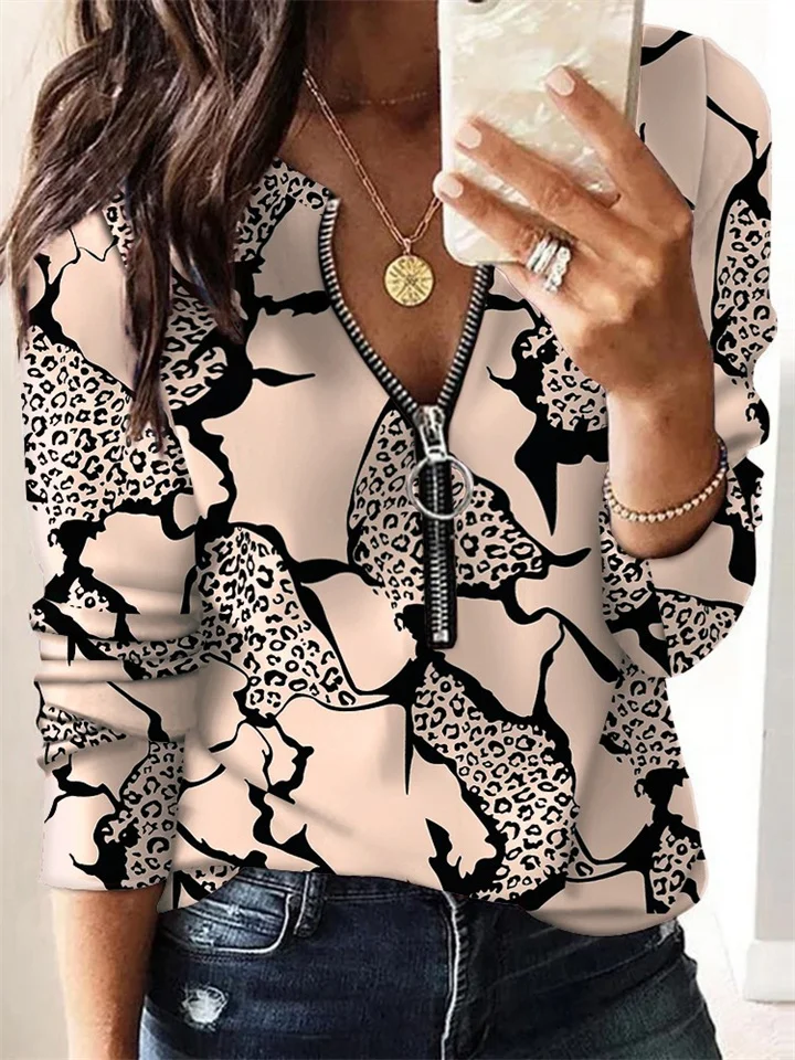 Fashion Print 3D Effect Zipper Long-sleeved New Casual Temperament Commuter Women's Urban Style Pullover Tops
