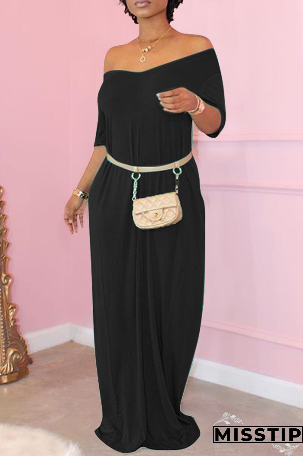 Black Fashion Casual Solid Basic V Neck Short Sleeve Dress