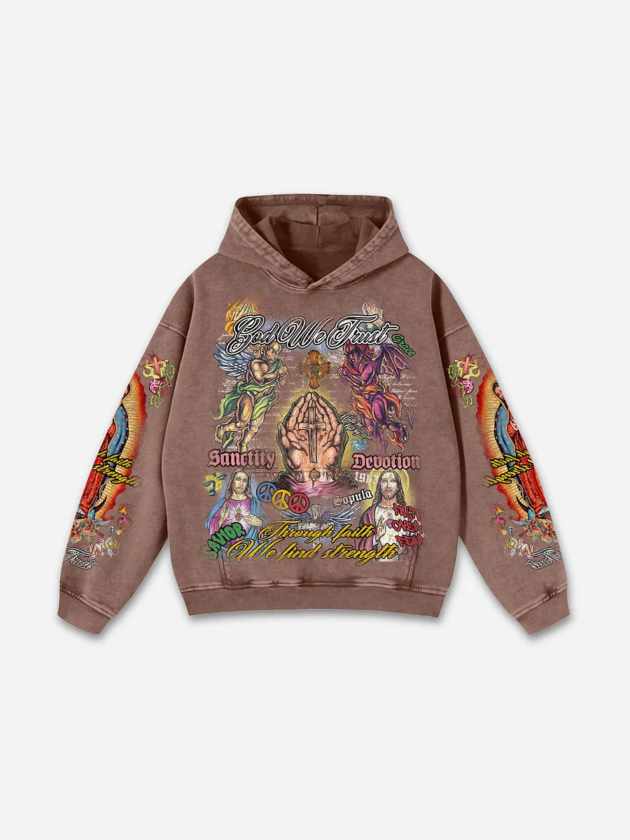 Faith In Jesus Collage Vintage Graphic Acid Wash Hoodie