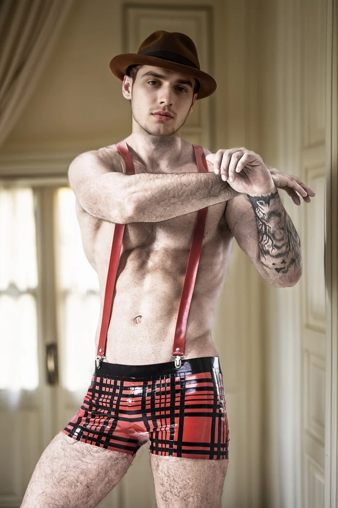 Men's Red & Black Latex Shorts Male Tartan Look Stylish Red Plaid 