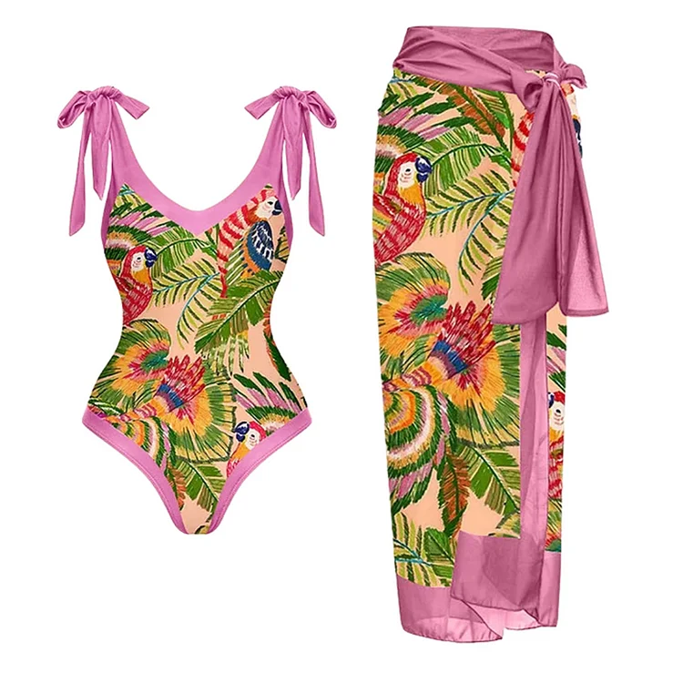 Flaxmaker Tie-shoulder Jungle Printed One Piece Swimsuit and Sarong