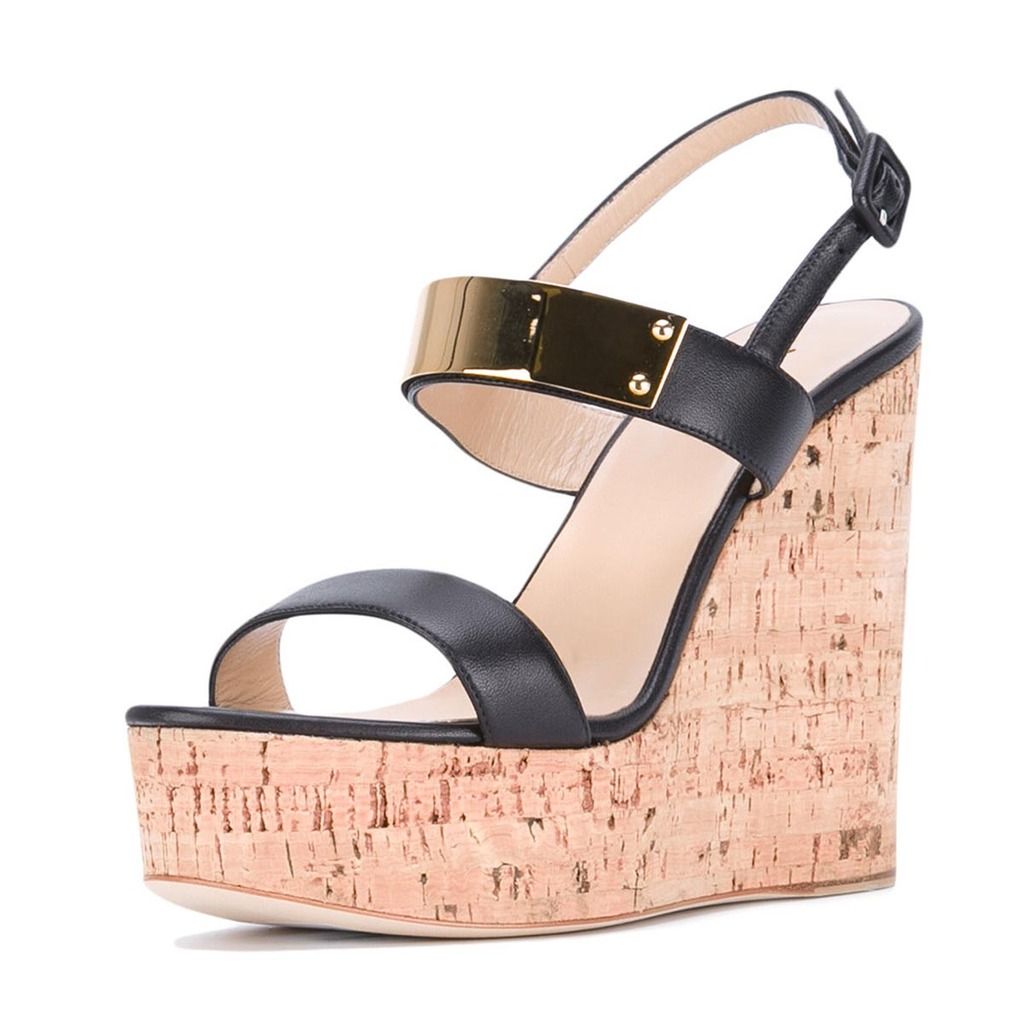 Black Open Toe Wedge Heel Ankle Strap Platform Sandals Nicepairs