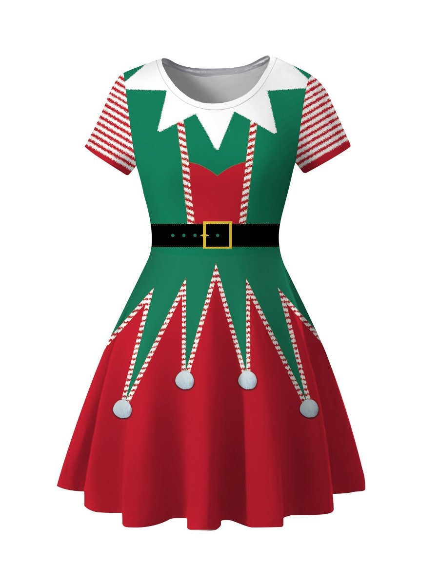 Women's Christmas Dress Round Neck Printed Short Sleeve Swing Dresses