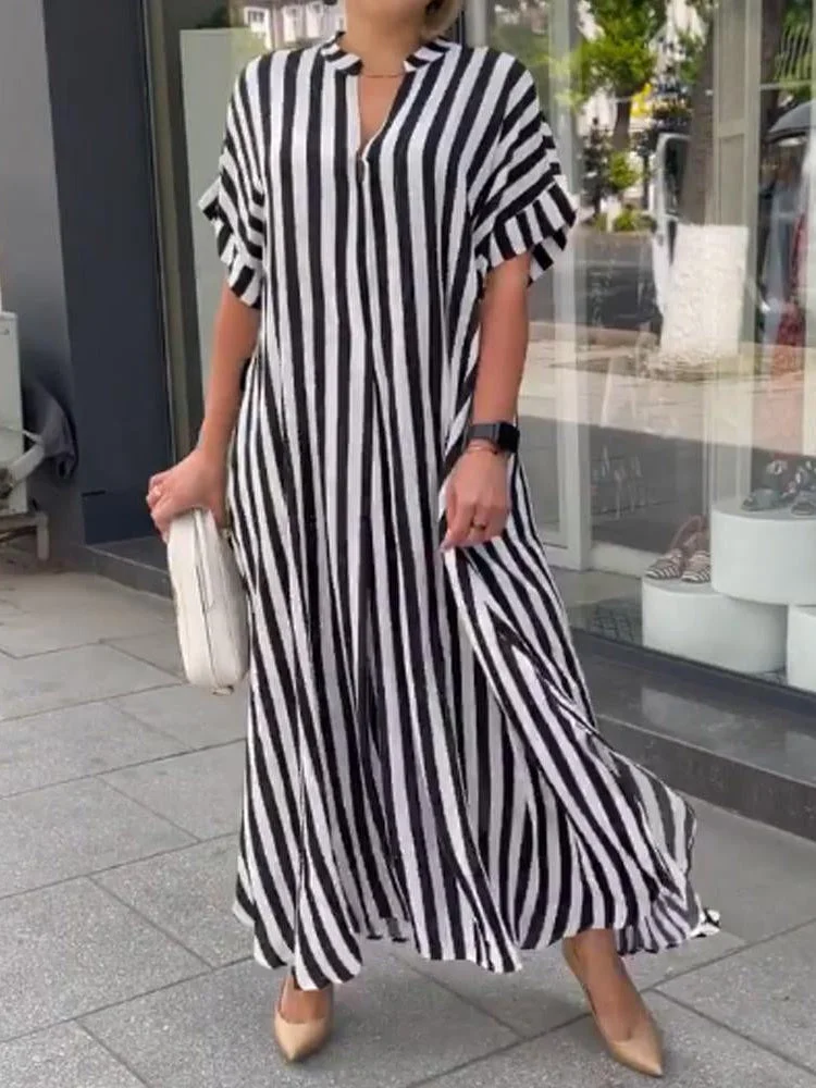 Style & Comfort for Mature Women Women Half Sleeve V-neck Striped Printed Maxi Dress