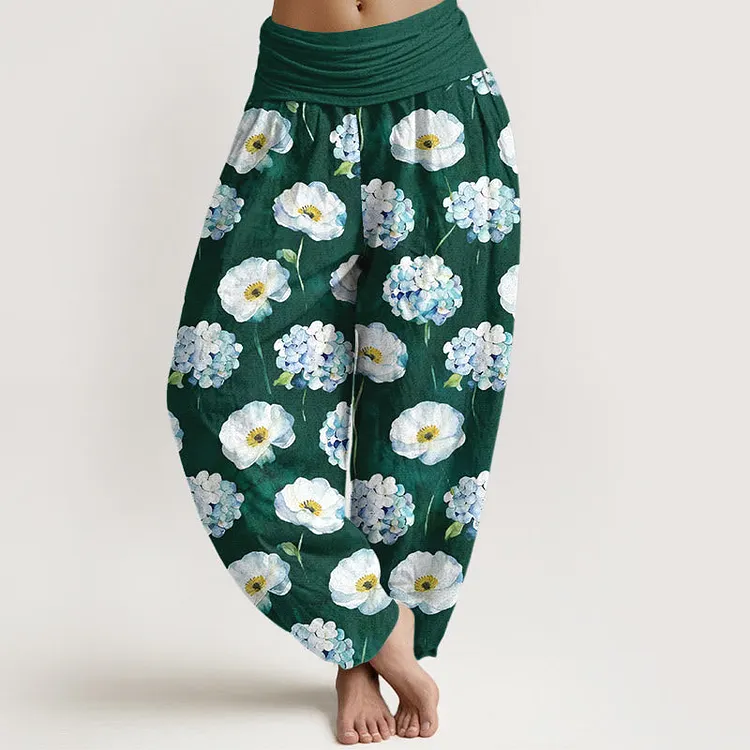 Cotton Fresh Elegant Flower Pattern Women's Elastic Waist Harem Pants