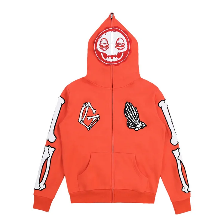 Skull Face Printed Full Zip Up Hoodie Sweatshirt Casual Jacket at Hiphopee