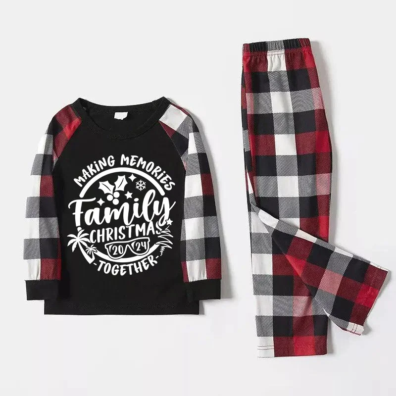 Christmas Make Memories Together 2024 Print Red & Black & Grey & White Plaid Family Matching Pajamas With Dog