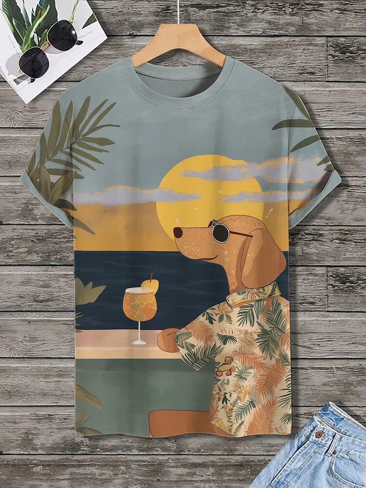 Men's Dog Wearing A Hawaiian Shirt Vacation Style Print T-Shirt