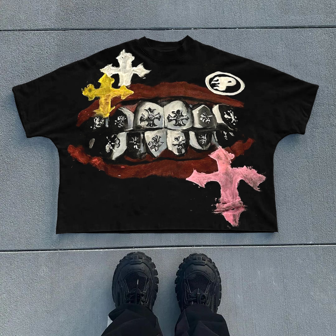 Vintage Saint Abstract Cross Lips Graphics Printed Cotton T-Shirt - SOPULA