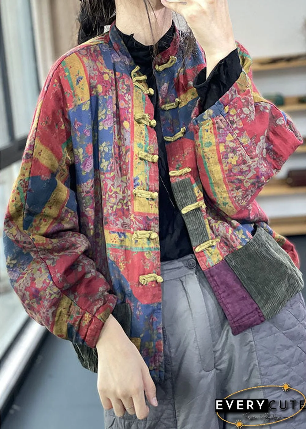 Vintage Red Pockets Button Print Fall Long sleeve Coat