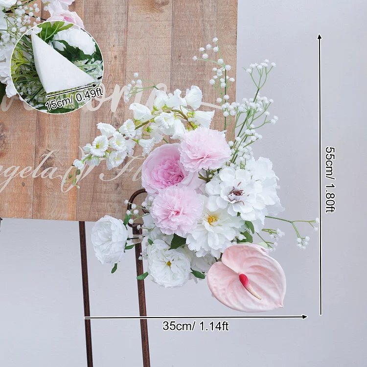 A8762 Pink White Wedding Horn Arch Floral Welcome Sign Flower Floor Row Props