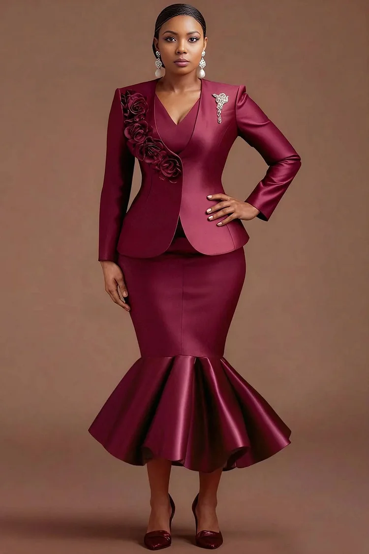 Xpluswear Design Plus Size Formal Burgundy V Neck Long Sleeve 3D Elegant Bodycon Satin Two Piece Skirt Sets 2024 - Xpluswear