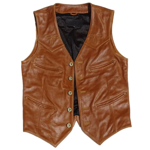 High Quality Cowhide Mans Vest 5XL Plus Size Waistcoat Summer Style Sleeveless Coat Brown Color Real Picture Streetwear