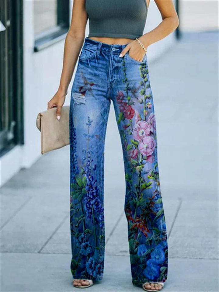 Women's Casual Pants - Lightweight Printed Denim Wide-Leg Pants-JRSEE