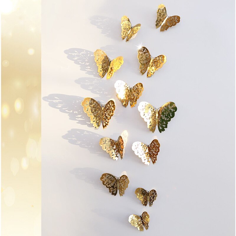 12 Pcs/Set 3D Wall Stickers Butterfly Hollow Paper 3Sizes Silver Gold for Fridge Stickers Home Party Wedding Decor Free Shipping