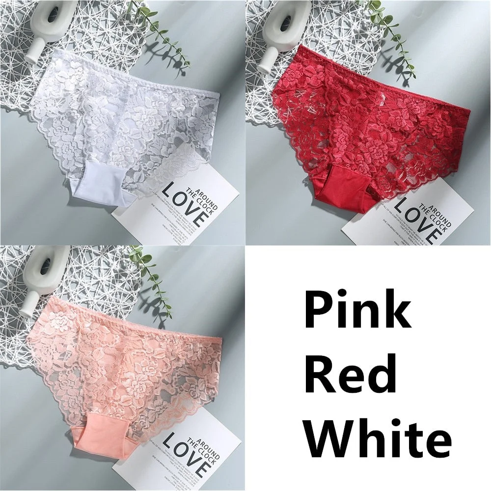 3Pcs Sexy Low Waist Women's Underwear Lace Plus Size Seamless Panties Breathable Lingerie Female Briefs Solid Hollow Underpants