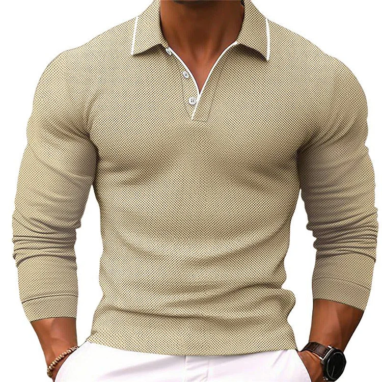 Men's Solid Color Lapel Slim Fit Long Sleeve Polo Shirt