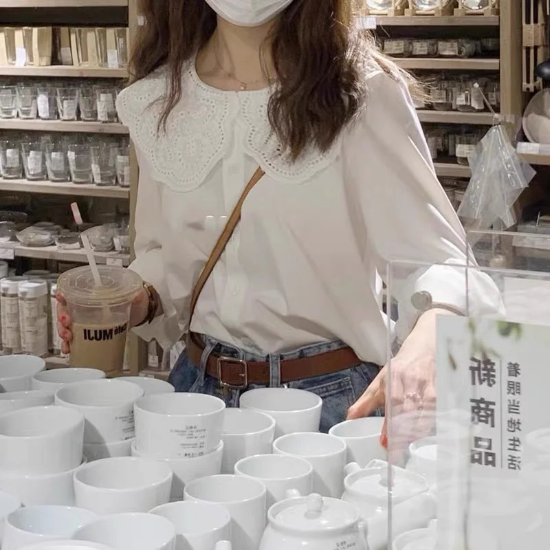 Uveng Uveng Retro Long-Sleeved Loose Doll-Collared White Shirt Women's New Spring High-End Feel Chic Top