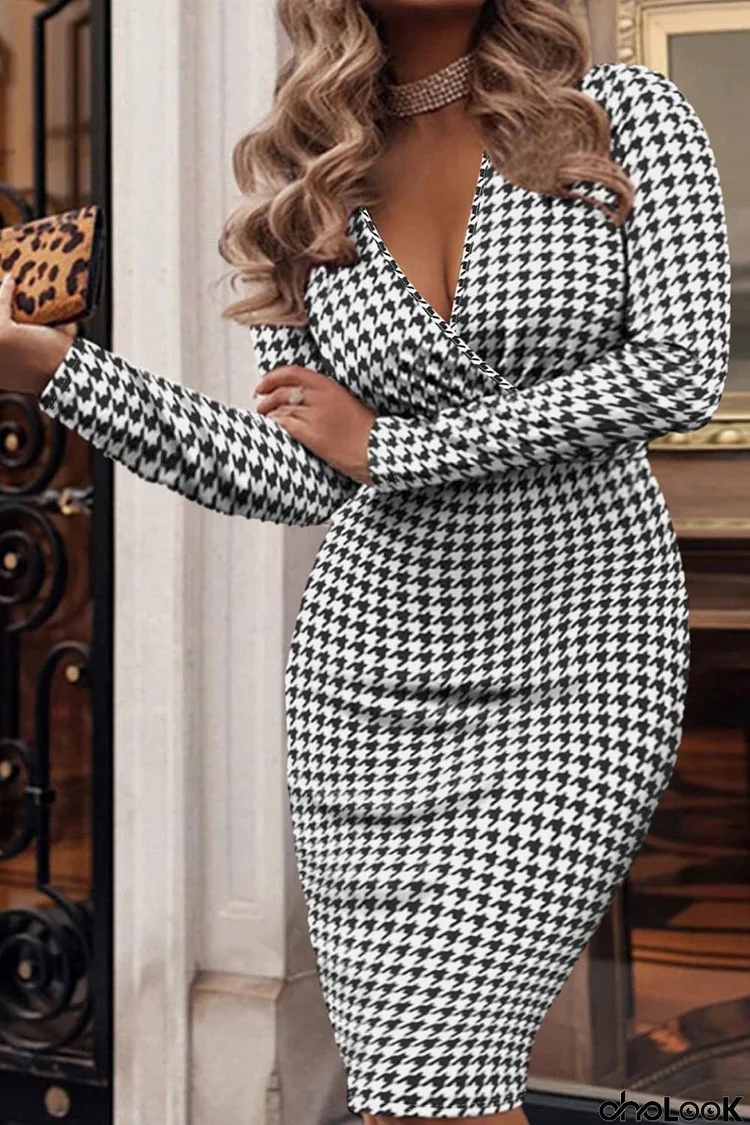 Plus Size Houndstooth Surplice Neck Long Sleeve Pencil Dress