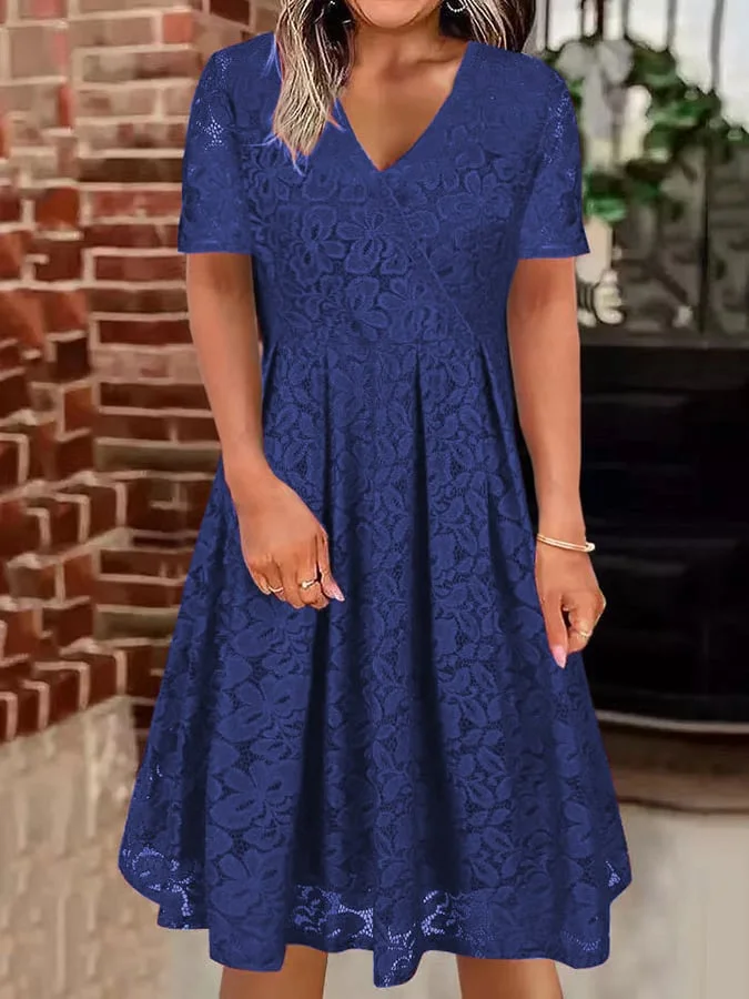 Elegant V-Neck Solid Short Sleeve Lace Dress