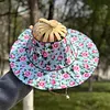 2 in 1 Bamboo Foldable Hand Fan Sun Hat Floral Printed Chinese Style Handheld Foldable Wide Brim Hat for Women Outdoor Beach Travel Accessory