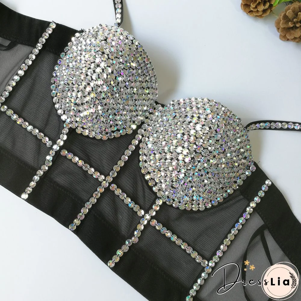 Multi Color Diamantes Women Sexy Push Up Crop Top Shiny Corset Bustier Camisole Nightclub Dance Camgirl Vest Black Nude