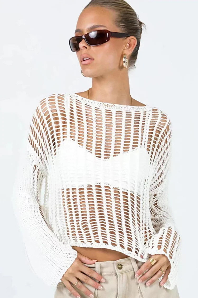 Long Sleeve Hollow Out Knitted Boat Neck See-Through Cover Top