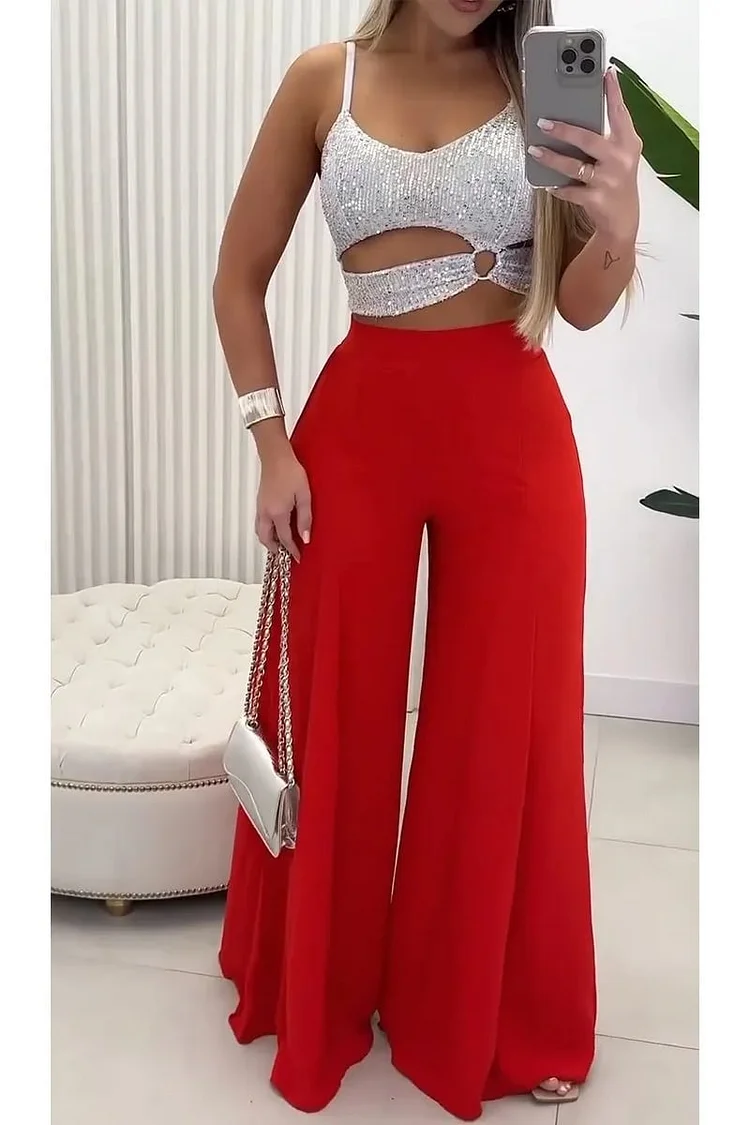 Women's Sexy Sequined Hollow Irregular Tank Top & Casual Wide Leg Pants
